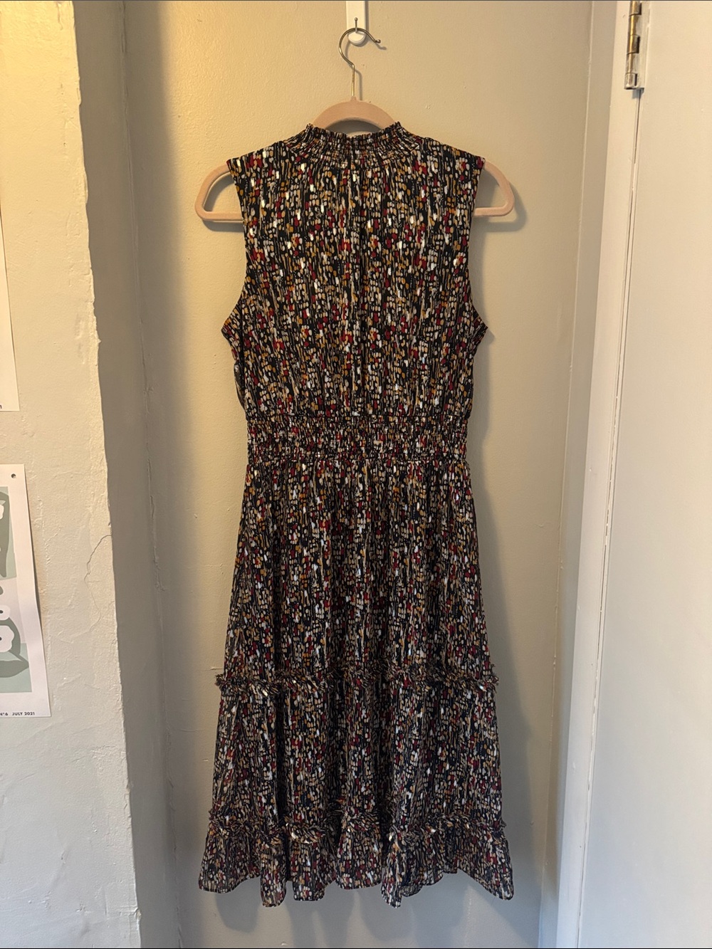 Sleeveless Navy Patterned Midi Dress with Elastic Waist